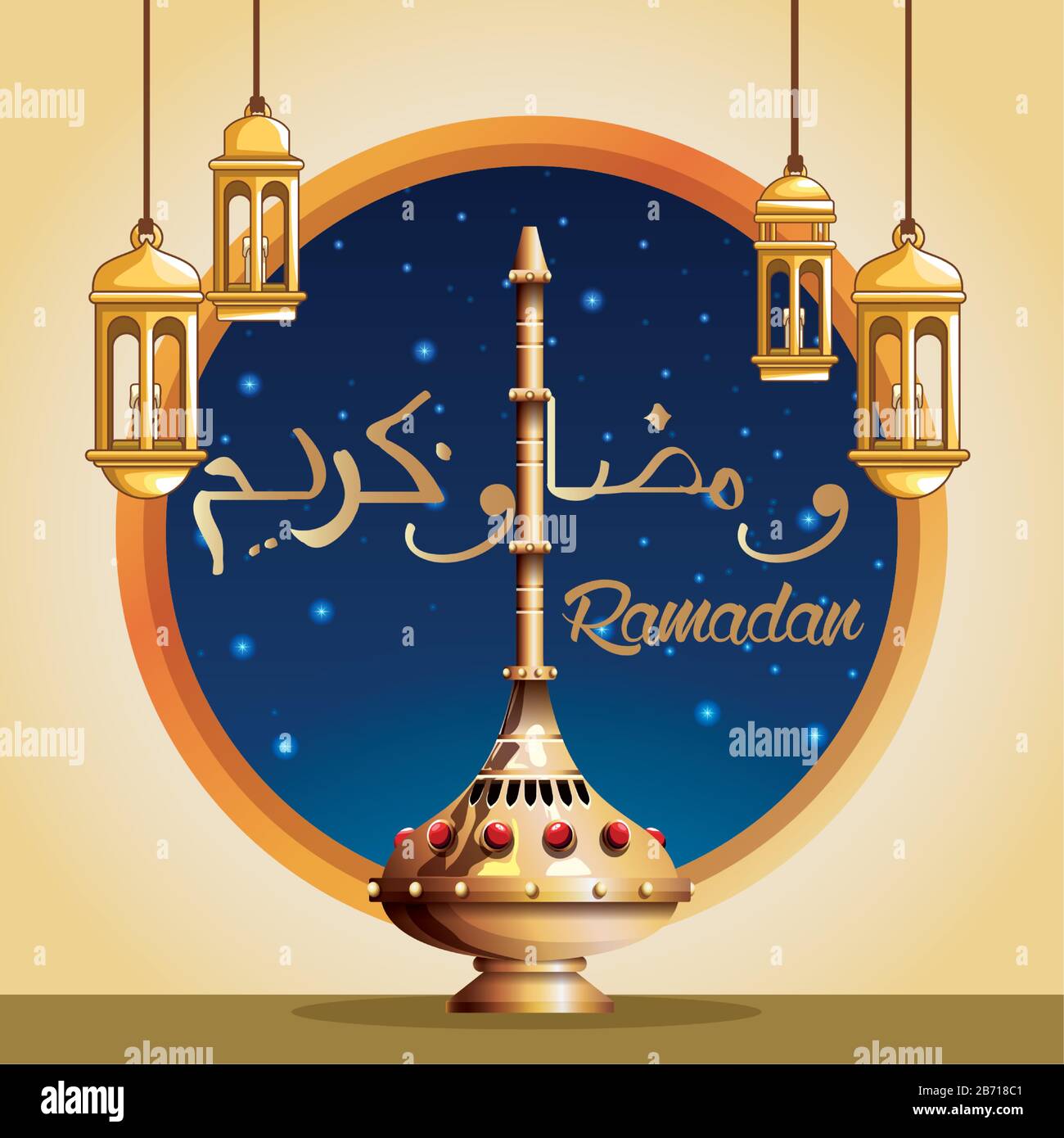 ramadan kareem celebration card with lanterns hanging Stock Vector ...