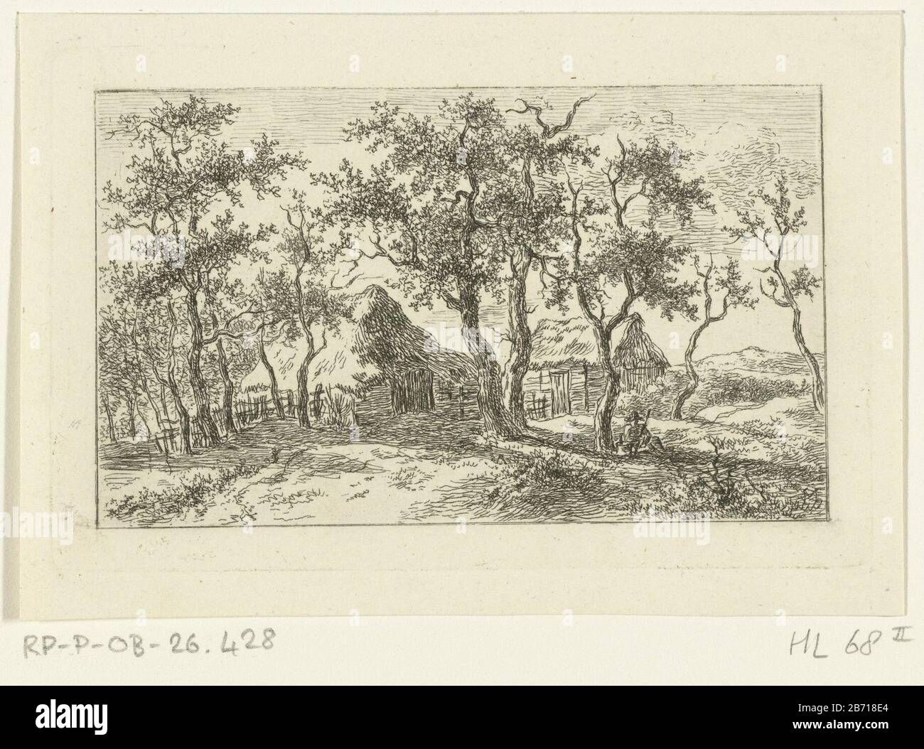 Landschap met boerderij en wandelaar Landscape with farm and hiker object type: picture Item number: RP-P-OB-26.428Catalogusreferentie: Hippert & Linnig 68Opmerking: 2 (2) based on collection RMA Manufacturer : printmaker Ernst Willem Jan BagelaarPlaats manufacture: Netherlands Date: 1798 - 1837 Physical characteristics: etching and dry point material: paper Technique: etching / dry point measurements: plate edge: h 75 mm × W 115 mm Subject: solitary farm or house in landscape Stock Photo