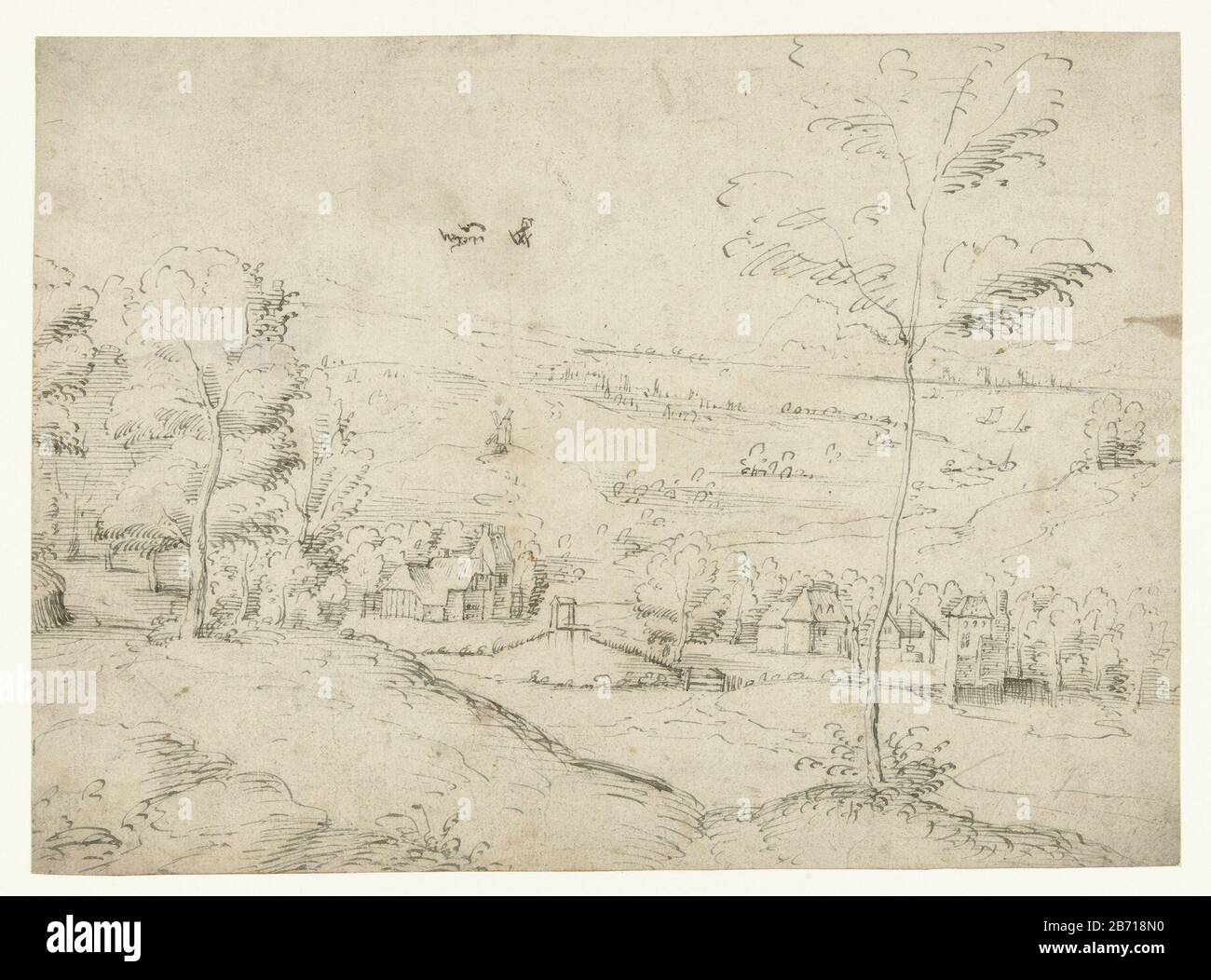 Landschap met boerderijen bij een rivier Landscape with farms in a river object type: Drawing Object number: RP-T 1912-14 Manufacturer : artist: Joachim Patinir (school) Dated: 1530 - 1550 Physical features: pen in black material: paper ink Technique: pen Dimensions: h 196 mm × W 260 mm Stock Photo