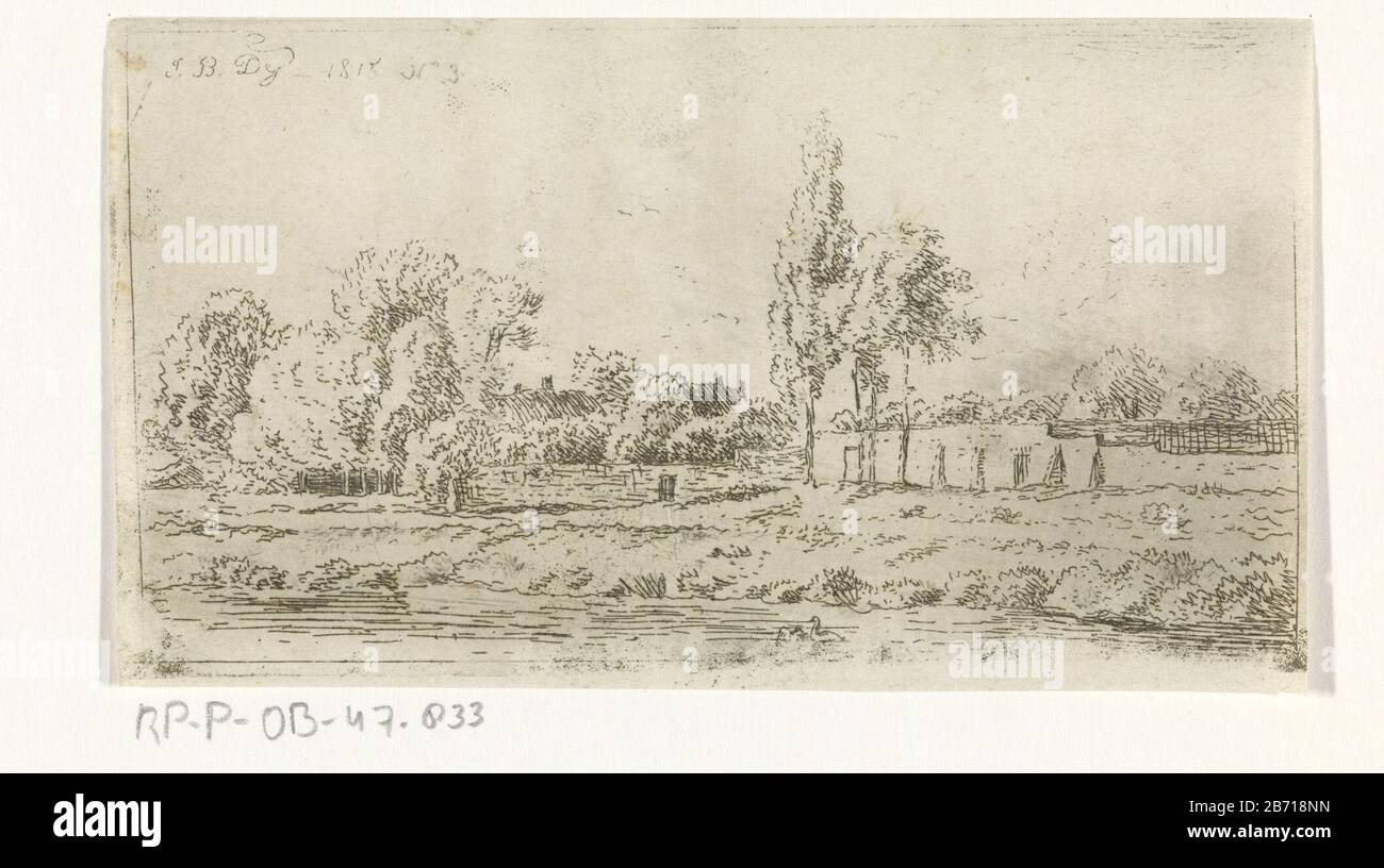 Landschap met boerderij Wooded landscape with farm. In the foreground a river with a duck. Top left: N.3. Manufacturer : print maker: Jan Baptiste De Jonghe (indicated on object) Place manufacture: Belgium Date: 1815 Physical characteristics: etching material: paper Technique: etching dimensions: sheet: h 74 mm × W 132 mm Subject: landscapes (+ landscape with figures , staffage) Stock Photo