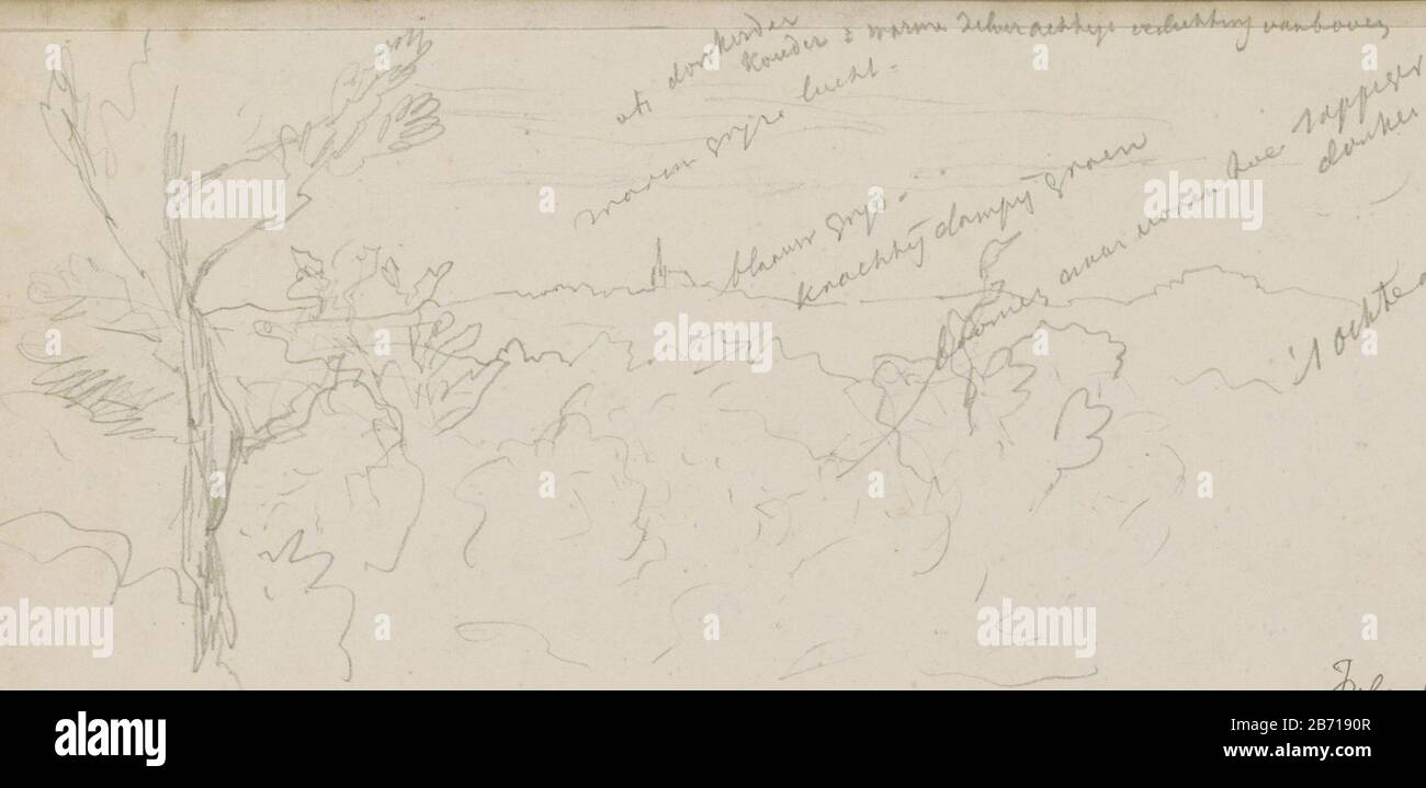 Landschap met bomen en een kerktoren Journal 14 verso from a sketch-63 bladen. Manufacturer :  draftsman: John Tavenraat Dating: Jul-1848 Physical characteristics: pencil material: paper pencil  Subject: landscapes tree parts of church exterior and annexes: spire Stock Photo