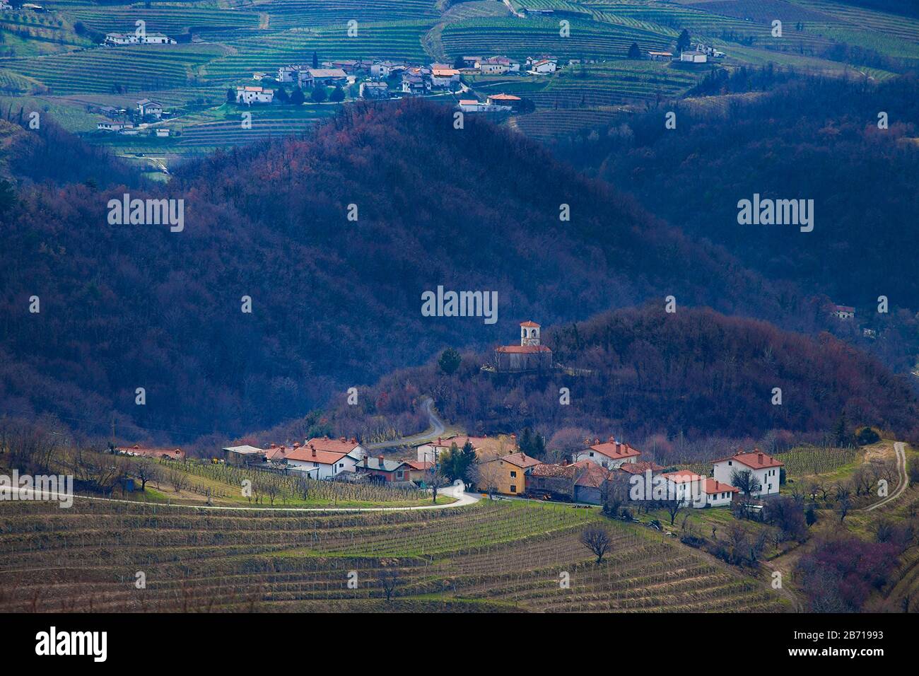 Wiew of Nozno and Kozbana villages in wine producing area of goriska brda, Slovenia Stock Photo