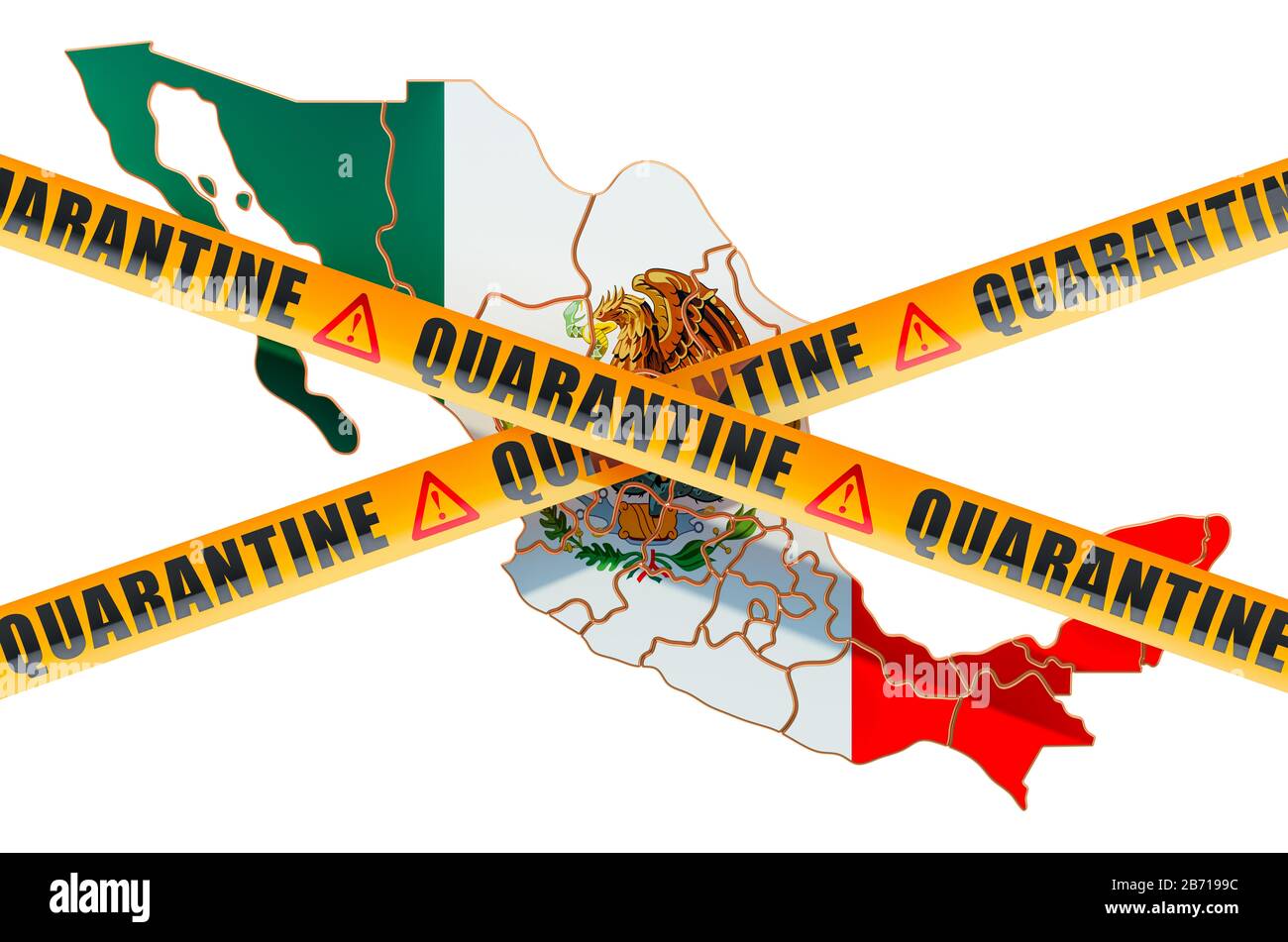 Quarantine in Mexico concept. Mexican map with caution barrier tapes