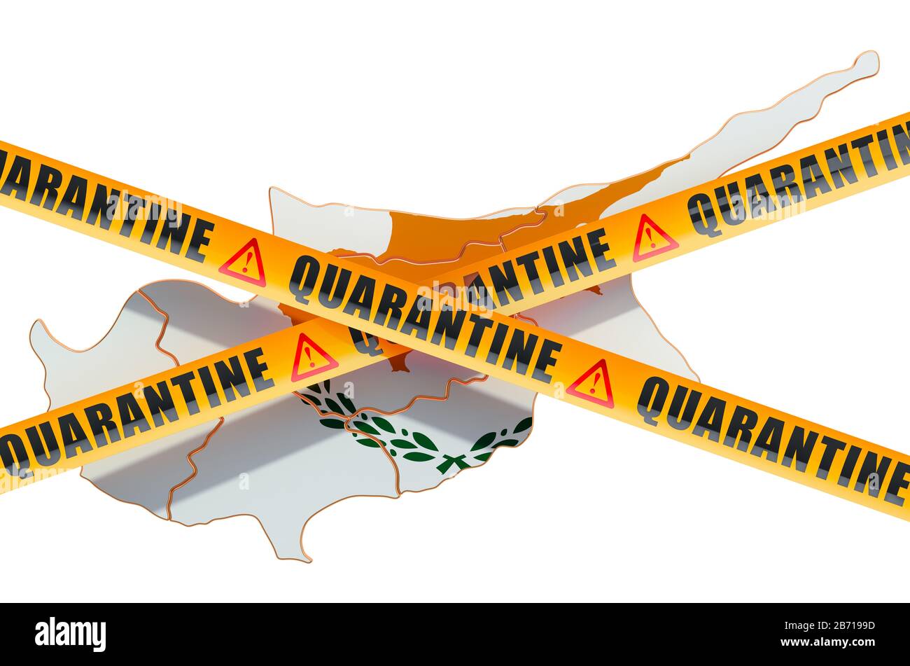 Quarantine in Cyprus concept. Cyprus map with caution barrier tapes, 3D rendering isolated on