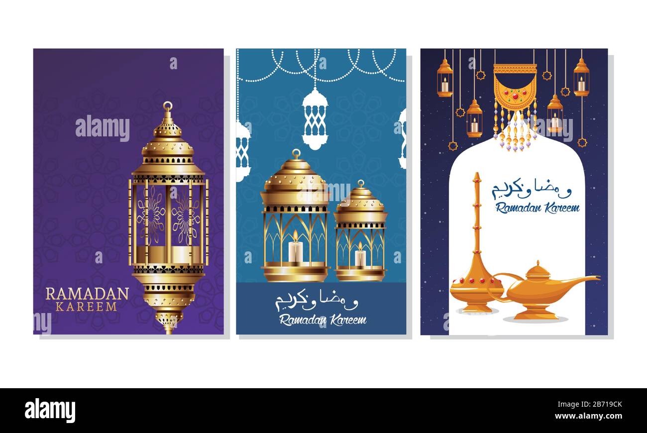 ramadan kareem celebration card with lanterns hanging Stock Vector ...