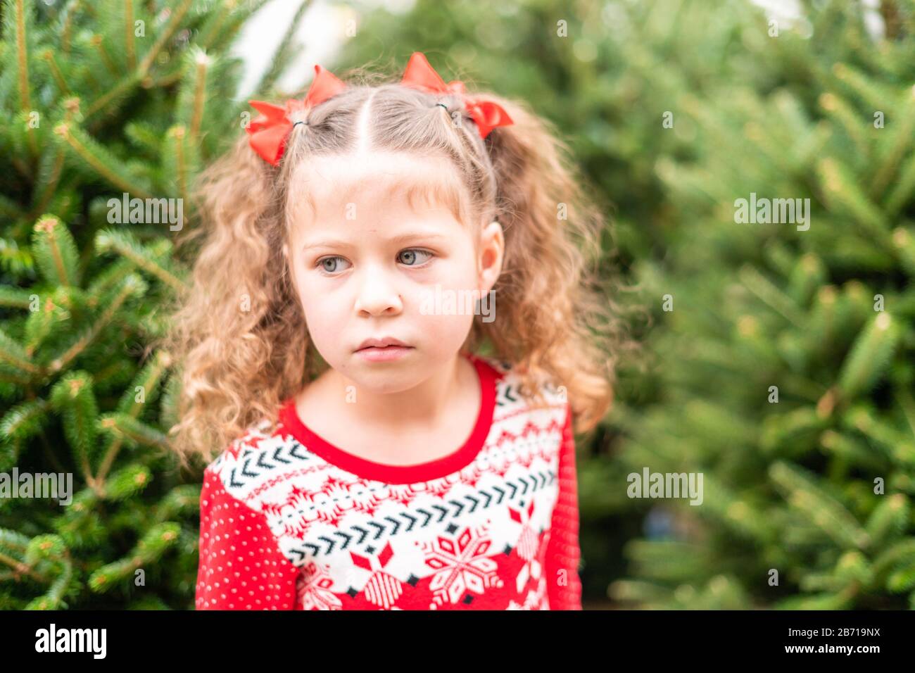 Little girl in red dress at the Christmas tree farm Stock Photo Alamy