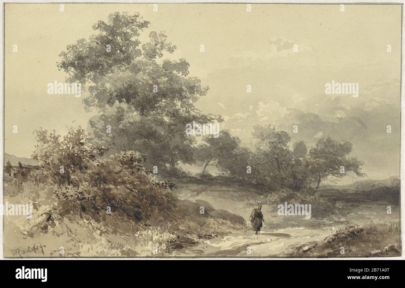 Landschap met bossage en een figuur op een landweg Landscape with shrubbery and a figure on a road object type: Drawing Object number: RP-T-1892-A-2658 Manufacturer : artist: Willem Roelofs (I) Dated: 1832 - 1897 Physical features: pencil, brush in brown and gray material: paper pencil Technique: brush dimensions: h 144 mm × W 225 mm Subject: low hill country tree Stock Photo