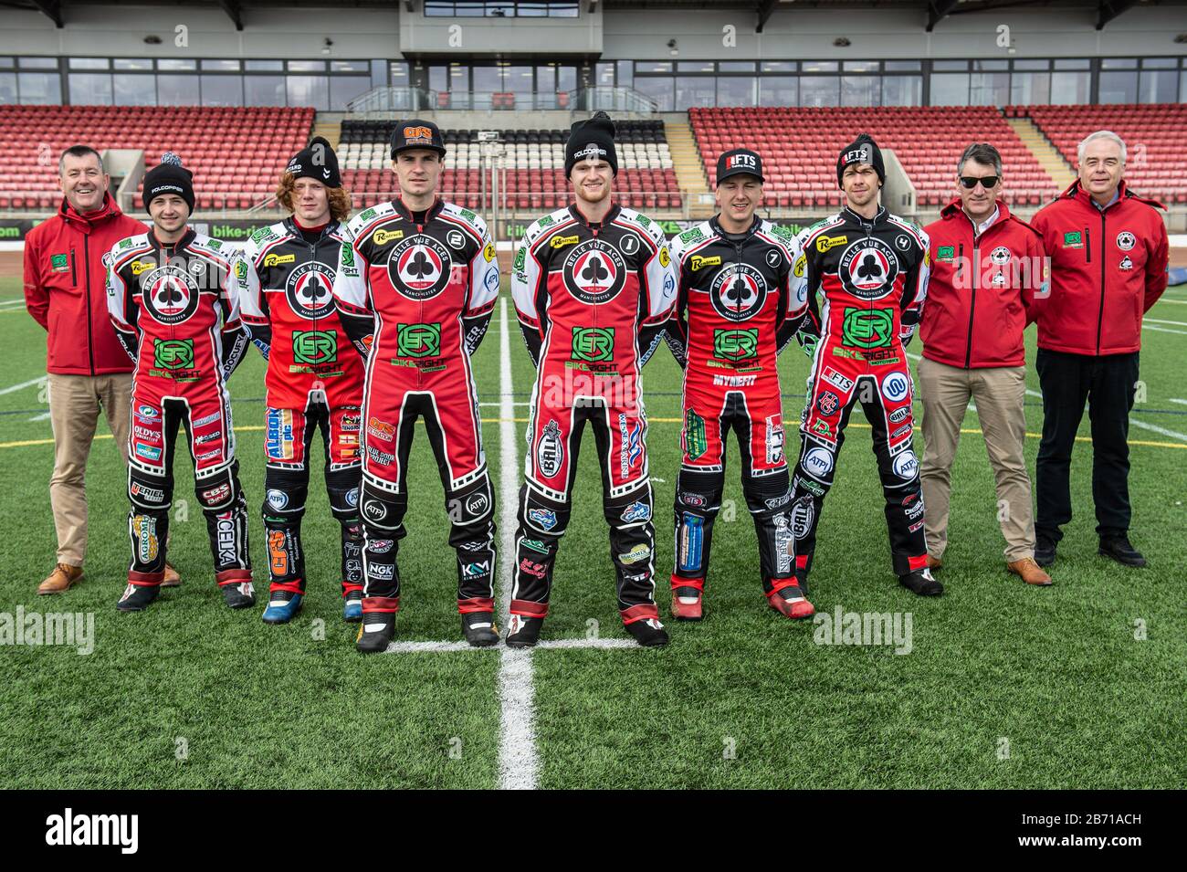Manchester, Manchester. 12th Mar, 2020. MANCHESTER, ENGLAND - March 12  Belle Vue Aces (l-r) Adrian Smith (CEO), Jaimon Lidsey, Dan Bewley, Steve  Worrall, Brady Kurtz, Jye Etheridge, Charles Wright, Mark Lemon (Manager),