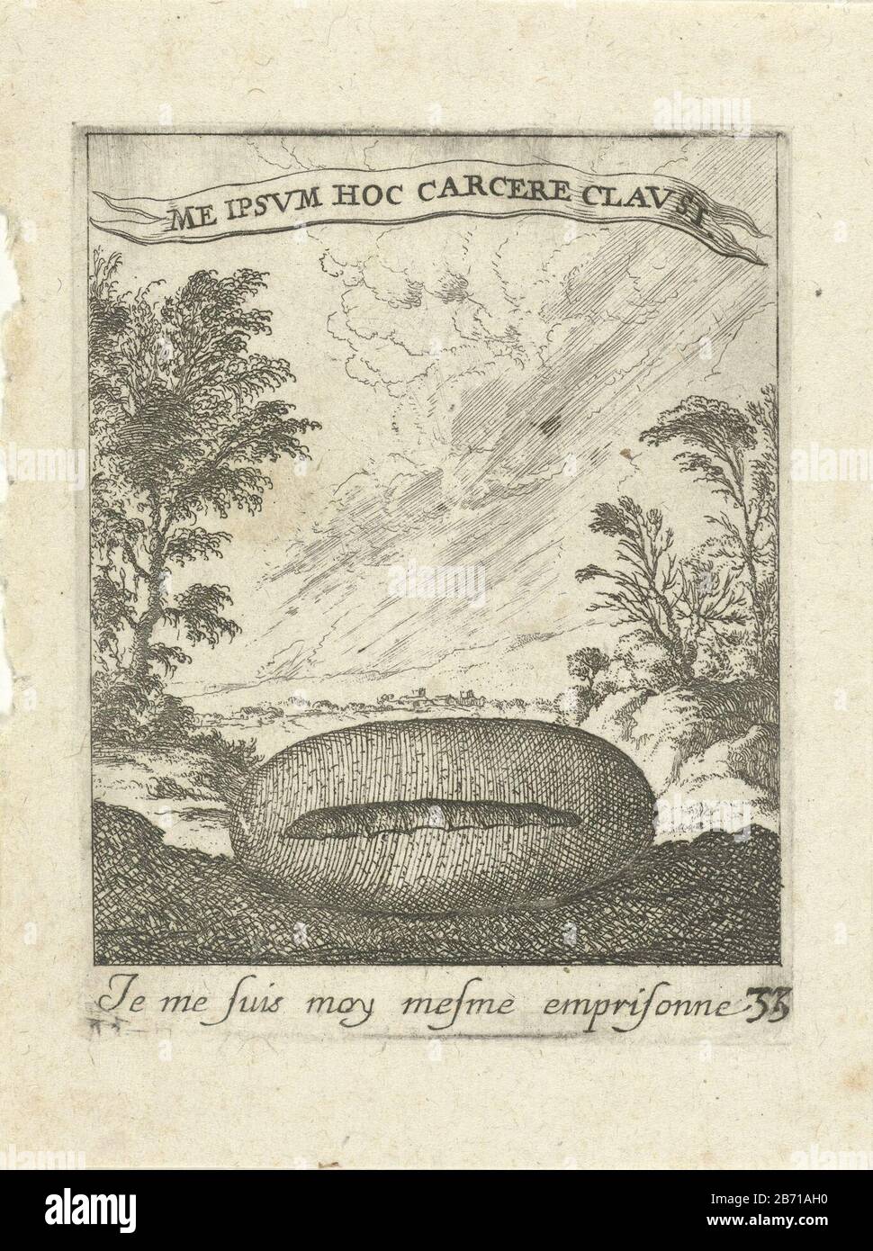 Landschap met cocon Moraliserende liefdesemblemen (serietitel) Devises et emblesmes d'amovr moralisez (serietitel) a landscape in the foreground a caterpillar in a cocoon. On a scroll a motto in Latin and a caption in French, both on the liefde. Manufacturer : printmaker Albert Flame Publisher: Etienne Loysonverlener of privilege: Louis XIV (King of France) Place manufacture: printmaker: Paris Publisher: Paris Grantor of privilege: France Date: 1672 Physical characteristics: etching material: paper Technique: etching dimensions: plate edge: h 86 mm × 68 b mm Subject: Qualities of Love: first s Stock Photo