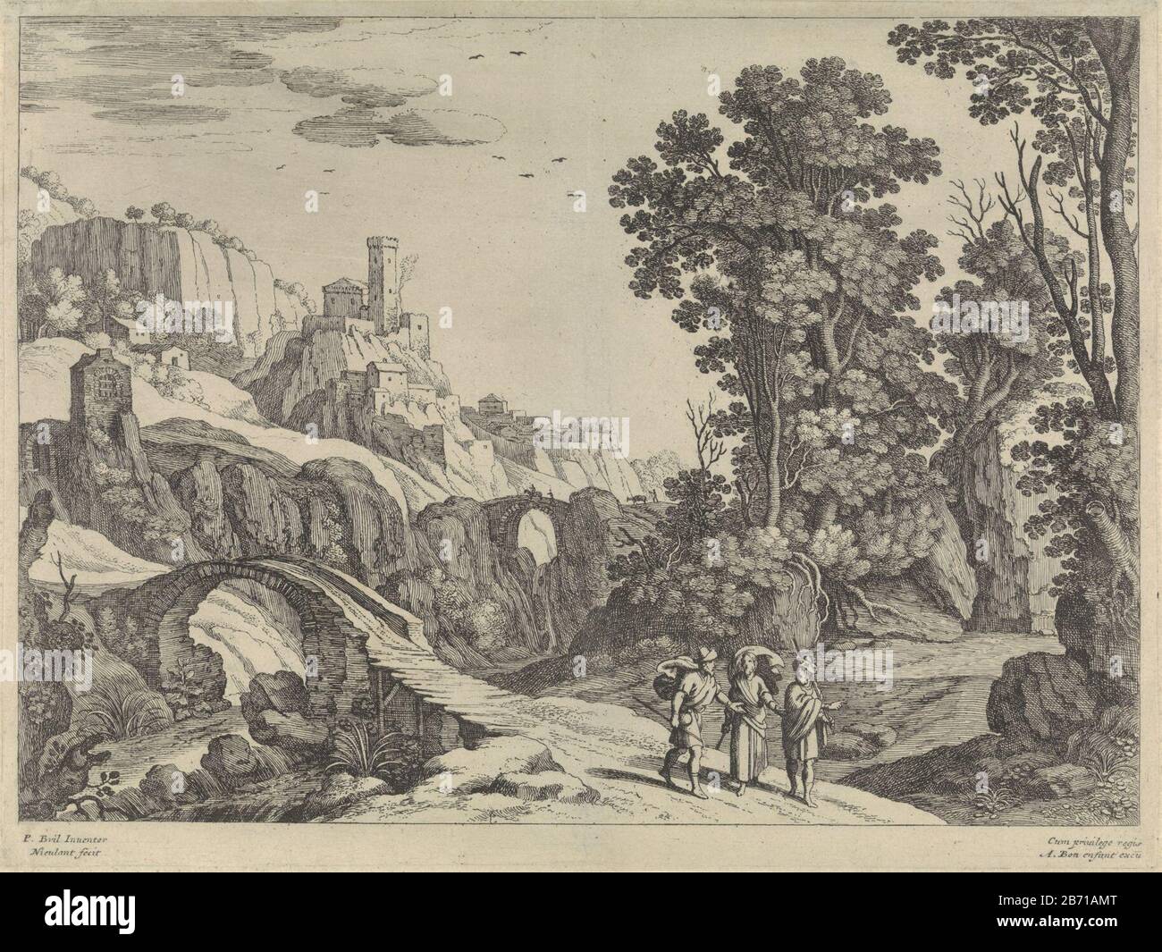 In an Italian landscape, with two arched bridges over a river, walking the  Emmaus. Christ runs between them. In the Bible story in Luke. 24: 13-27.  Manufacturer : printmaker Willem van Nieulandt (