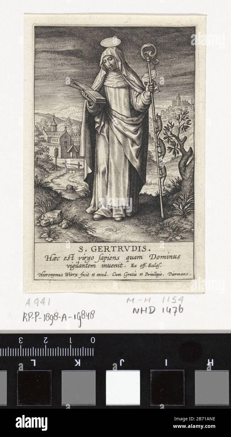 Landschap met de H Gertrudes van Nijvel S Gertrvdis (titel op object) De heilige Gertrudes van Nijvel (Nivelles), in abdissengewaad, met een staf in haar hand Stock Photo