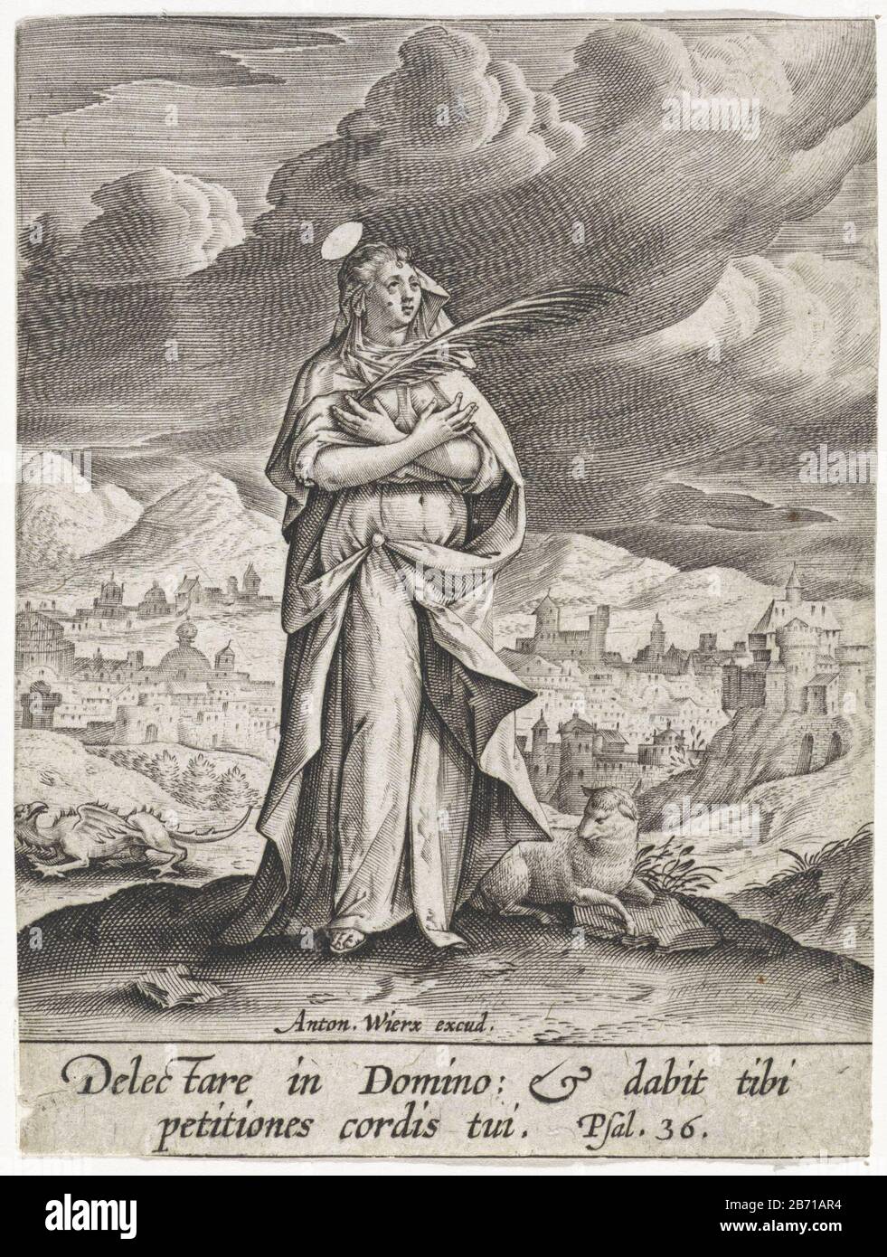 The saint Margaret of Antioch stands on a hill, crossed her arms over her chest. At her feet is a lamb. Rear left the dragon. In the background a view of a city. In a two-line Bible Quote margin from Ps. 36 in Latijn. Manufacturer : publisher: Antonie Who: rix (II) (listed building) printmaker: anonymous place manufacture: Antwerp Date: 1565 - Characteristics 1604 Physical: car material: paper Technique: engra (printing process) Dimensions: sheet: H 104 mm b × 79 mm Subject: the virgin martyr Margaret of Antioch; possible attributes: cross, crown, dragon (under feet or on chain), (or chaplet) Stock Photo