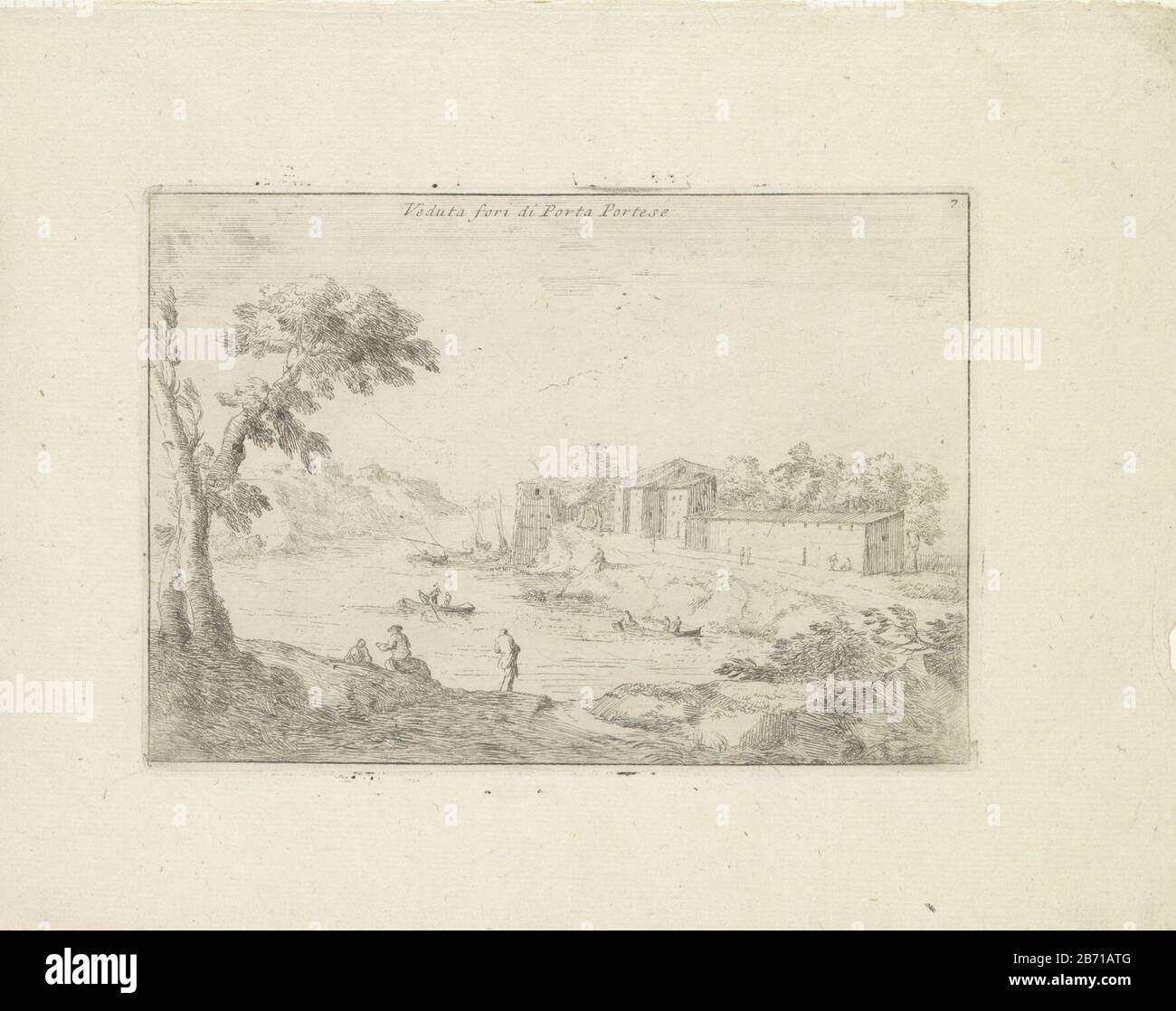 Landschap met de Porta Portese Veduta fori di Porta Portese (titel op object) Varie Vedute (serietitel) Landscape with the Porta Portese in Rome. Men rowing in boats on the Tiber. Middle above the title. Numbered right: 7. Manufacturer : print maker: Paolo Trapanesi To own design of: Paolo Anesi Place manufacture: Rome Date: 1725 Physical characteristics: etching material: paper Technique: etching dimensions: plate edge: H 135 mm × W 191 mmToelichtingPrent 7 from the series: Varie Vedute by Paolo Anesi . Subject: cityscapes and landscapes with human structures river where Rome Porta Portes Tib Stock Photo