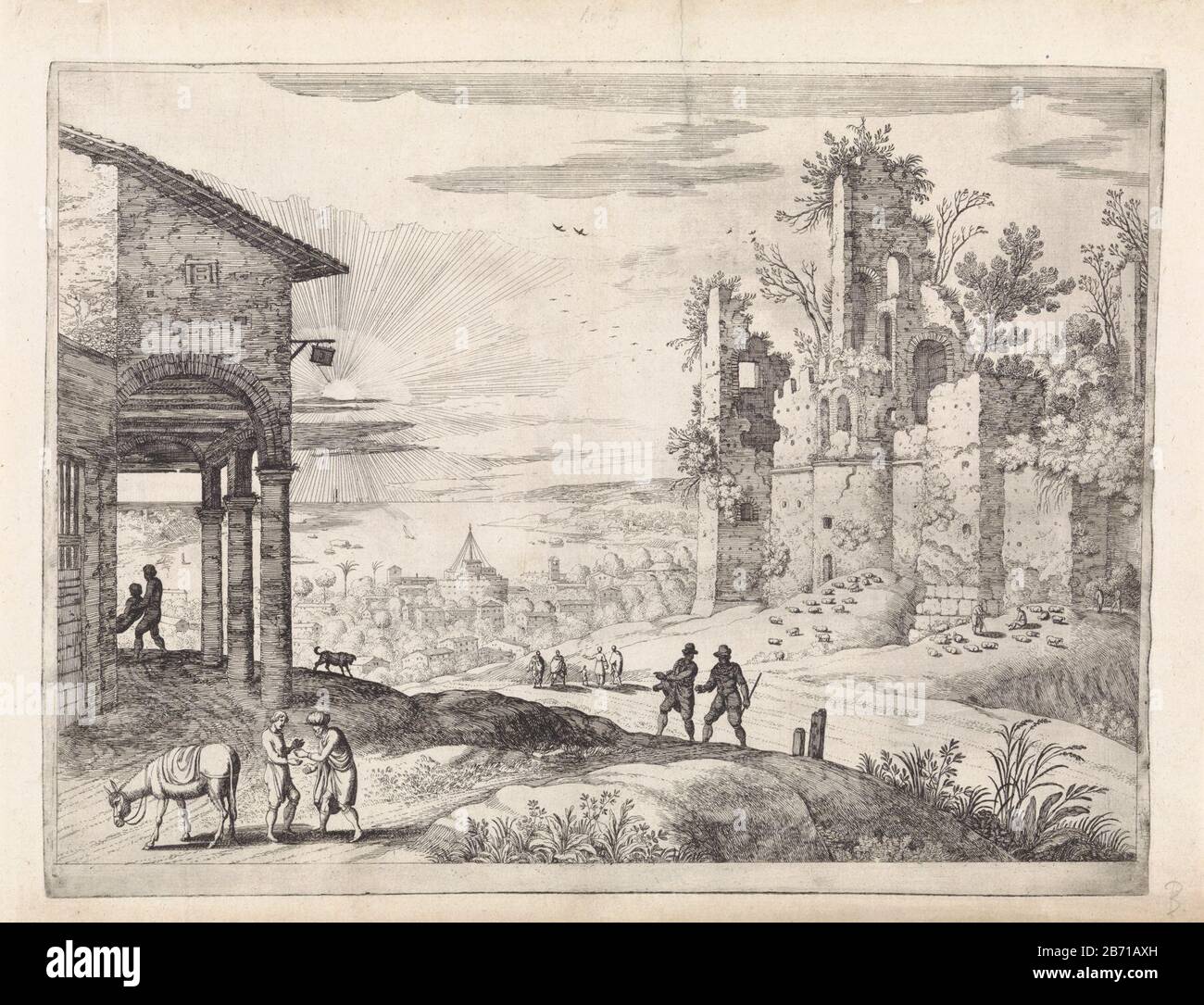 Landschap met de barmhartige Samaritaan bij de herberg Italiaanse landschappen (serietitel) at an inn, the Good Samaritan, who pays the innkeeper to care for the wounded man. The injured passenger is carried inside the inn. Right in the landscape in ruins and in the background a landscape with the Castel Sant'Angelo. In the Bible story in Luke. 10: 25-37. Print out a series of Italian landschappen. Manufacturer : printmaker Willem van Nieulandt (II) (listed building), designed by Paul Bril (listed building) Dated: 1594 - 1635 Physical features: etching; proofing material: paper Technique: etch Stock Photo