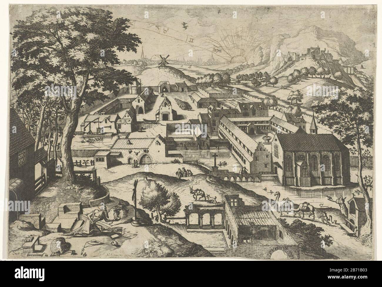 Landschap met de heilige Hieronymus hieronimus in deserto (titel op object) Landschappen met christelijke verhalen (serietitel) a landscape with the domain of a monastery. In the foreground St. Jerome for a crucifix. He chastises himself. In addition to him are to be kardinaalshoed and lion. The print is part of a series of landscapes with Christian stories as a theme. The picture at the air with pen and brown ink bewerkt. Manufacturer : printmaker John or Lucas Doetechumnaar design: Lucas Gassel (listed building) publisher: Nicolaes Lauwers (listed property) Place manufacture: printmaker Deve Stock Photo