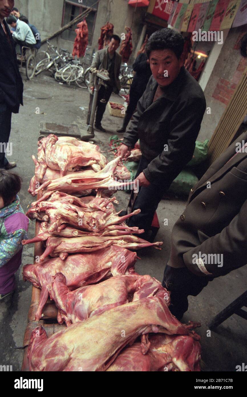dog meat at the animal and seafood market in the old town in the city of Wuhan in the province of Hubei in china in east asia.   China, Wuhan, April, Stock Photo
