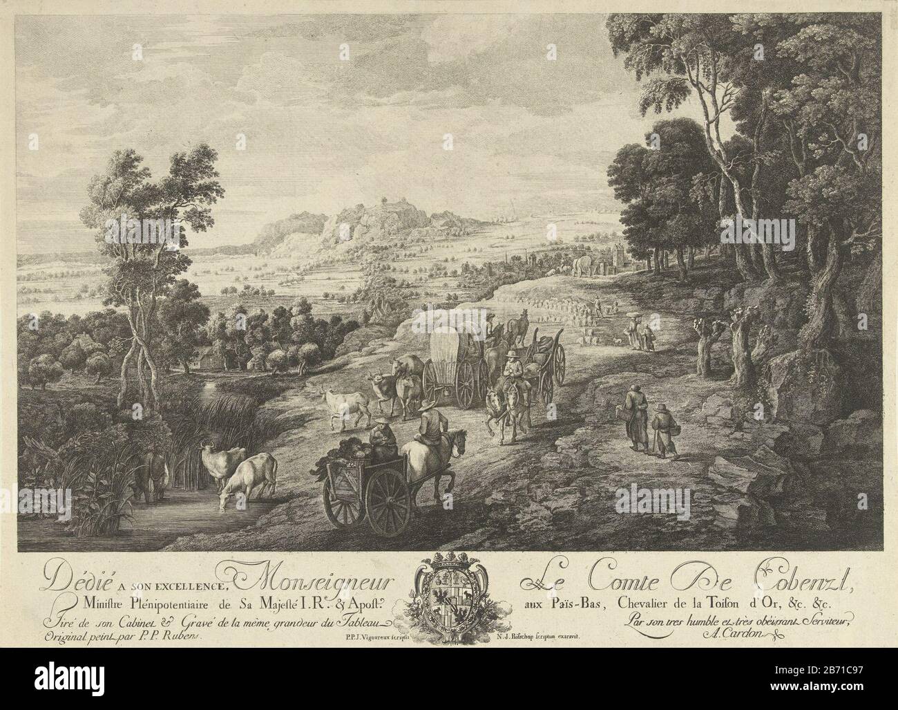 Landschap met drukke landweg Landscape with a busy road with several peasant carts. A bit further runs a shepherd with his flock on the way into town. On the side of the road walking pedestrians. Links to a stream to drink koeien. Manufacturer : printmaker: Antoine Alexandre Joseph Cardon (listed property) to painting by Peter Paul Rubens (listed property) writer: P.P.J. Vigoureux (listed property) writer: N.J. Bishop (listed building) commissioned by Antoine Alexandre Joseph Cardon (listed building) dedicated to Karl Johann Philipp Cobenzl (listed property) Place manufacture: Brussels Date: c Stock Photo