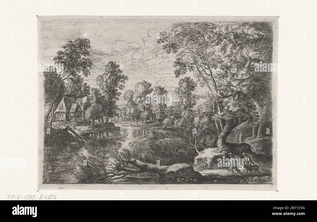 Landschap met een beek en een jager Zes landschappen (serietitel) from a series of six. Landscape with a stream and two hunters with hond. Manufacturer : printmaker: Lucas van Uden (listed building) in its design: Lucas van Uden Publisher: Frans van den Wijngaerde (listed property) Place manufacture: Netherlands Date: 1605 - 1673 Physical features : etching and engra material: paper Technique: etching / engra (printing process) Measurements: plate edge: h 94 mm × W 132 mm Subject: brook farm or solitary house in landscape hunter Stock Photo