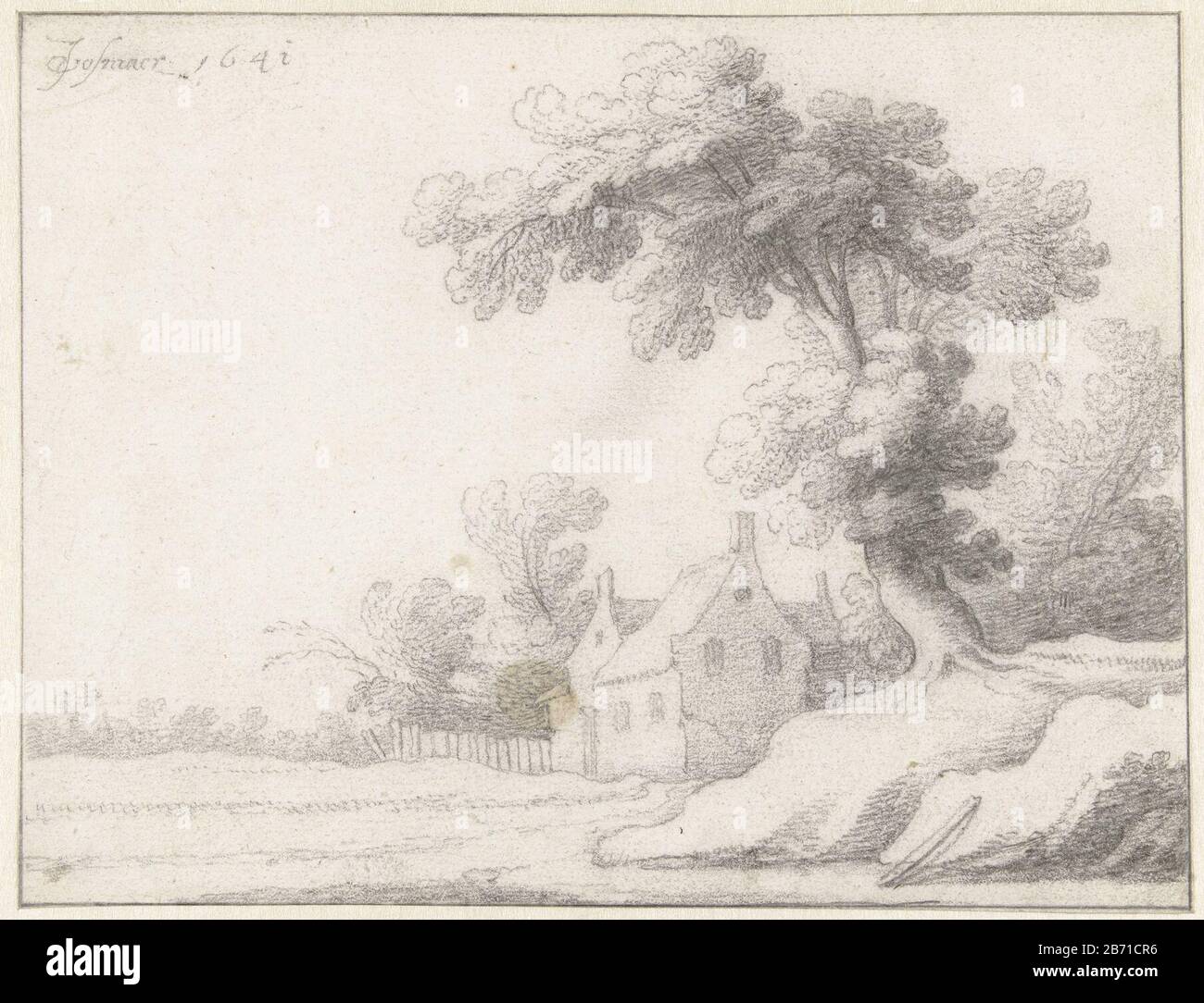 Landschap met een groep huizen aan een bosrand Landscape with a group of houses on the edge Object type: Drawing Object number: RP-T 1941-49 Manufacturer : artist: Jacob Vosmaer Date: 1641 Physical features: black chalk material: paper chalk Dimensions: H 176 mm × W 230 mm Subject: farm or solitary house in landscape and Stock Photo
