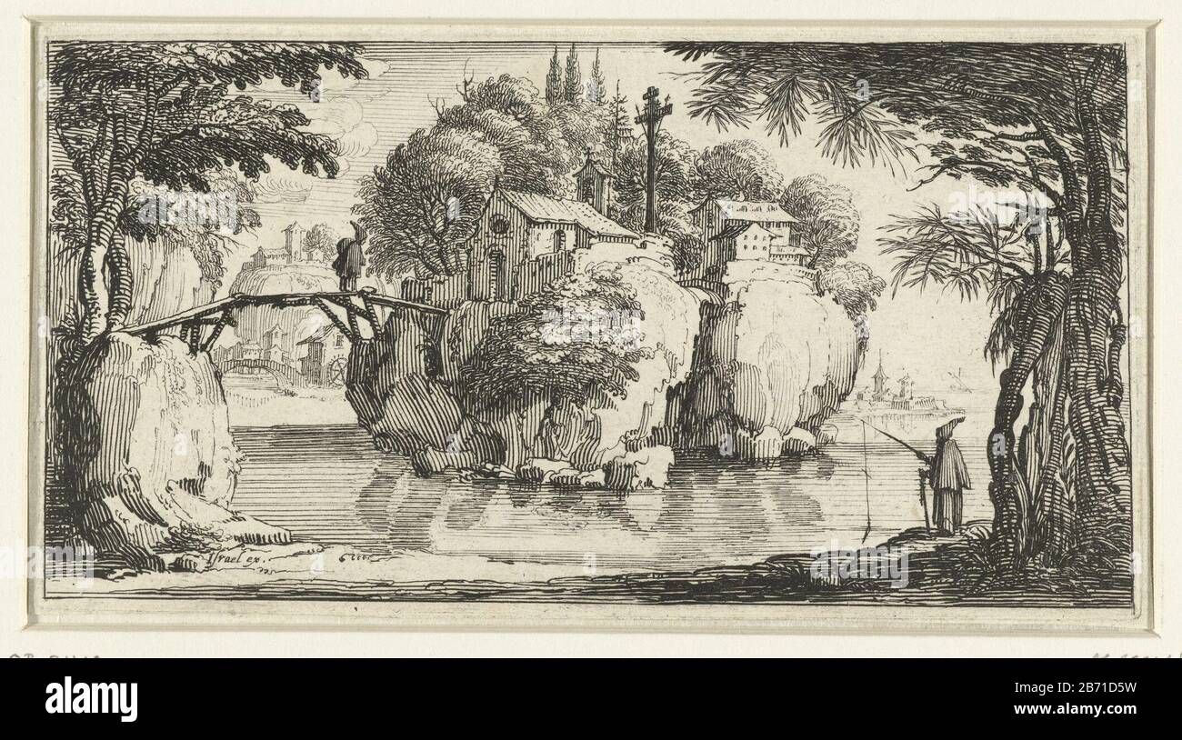 Landschap met een klooster op een rots Divers paisages (serietitel) Verschillende landschappen (serietitel) In a landscape with trees is a monastery on a big overgrown rock surrounded by water. A monk walking on the bridge leading to it. Right in the foreground is another monk fish on the shore. This print is part of a series of 19 prints (20 including frontispiece.) With landschappen. Manufacturer : designed by Jacques Callotprentmaker: François Collignon (possible) publisher: Israel Henriet (listed property) Place manufacture: printmaker: France (possible ) publisher: Paris Date: 1630 - 1660 Stock Photo