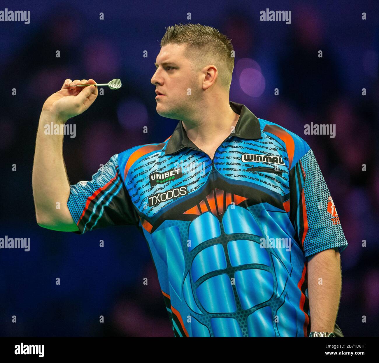 UK. 12th Mar, 2020. Professional Darts Corporation, Unibet Premier League Liverpool; Daryl Gurney during his night match Glen Durrant Credit: Action Plus Sports Images/Alamy Live News Stock Photo -