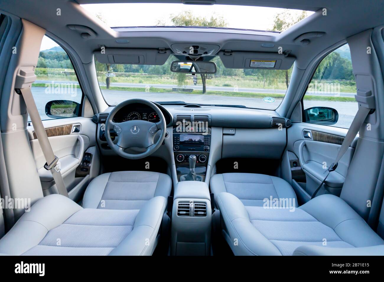 A beautiful gray mixed leather with textil interior of a german car from 2005. Nice and clean. Mercedes Benz W203 - C Class Stock Photo
