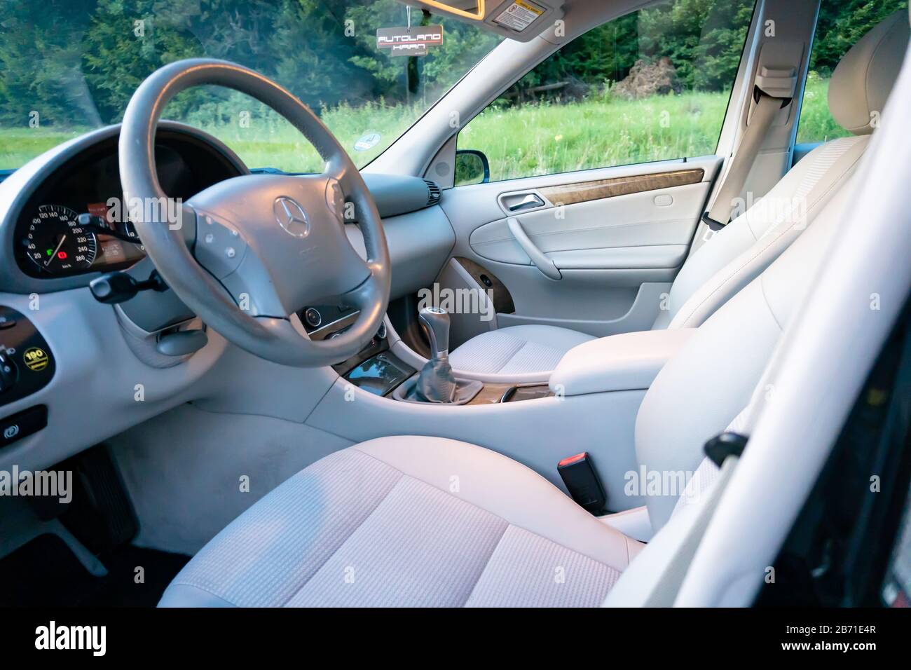 A beautiful gray mixed leather with textil interior of a german car from  2005. Nice and clean. Mercedes Benz W203 - C Class Stock Photo - Alamy