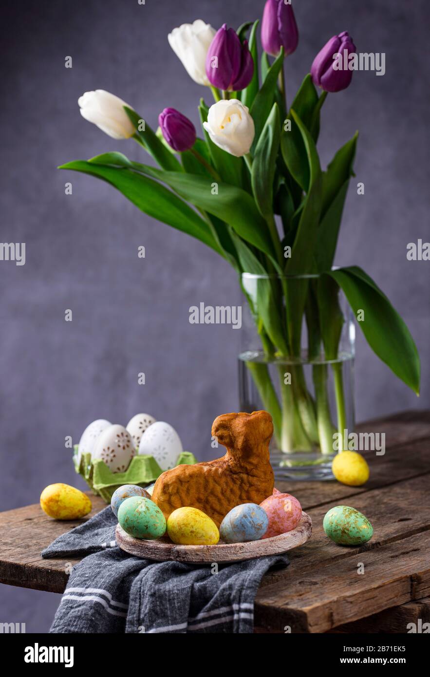 Easter background with tulips and eggs Stock Photo