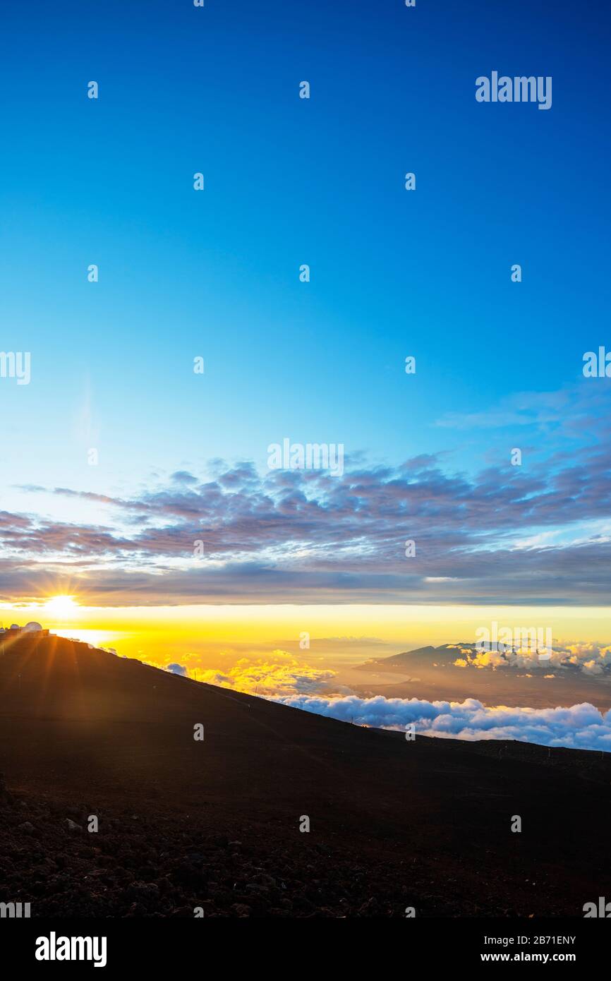 United States of America, Hawaii, Maui island, Haleakala National Park, sunset view from summit of Haleakala Stock Photo