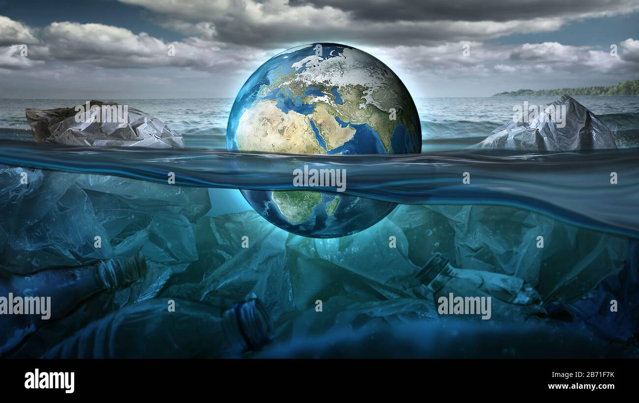 The Earth floats in the sea full of garbage and pollution. Environment concept. Earth image provided by NASA Stock Photo
