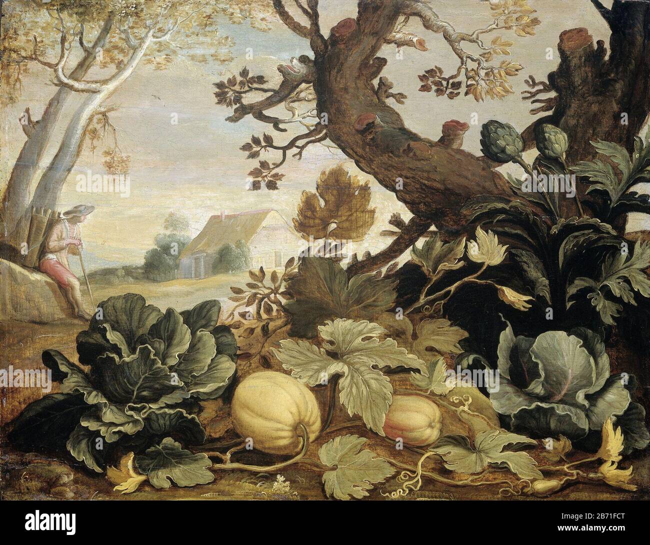 Landschap met groenten en vruchten op de voorgrond, SK-A-3743  Landscape with vegetables and fruits. In the foreground under a gnarled tree growing pumpkins or gourds, cabbages and artichokes. Left a man resting under a tree in the distance a boerderij. Manufacturer : painter Abraham Bloemaert Date: 1600 - 1651 Physical characteristics: oil on panel material: panel oil Dimensions: support: h 39 cm. B × 50 cm. external dimensions: 5.5 cm d. (Including carrier SK-L-4409.)  Subject: fruits: pumpkin plants and herbs: artichokeplants and herbs: cabbagewandering or traveling merchant Stock Photo