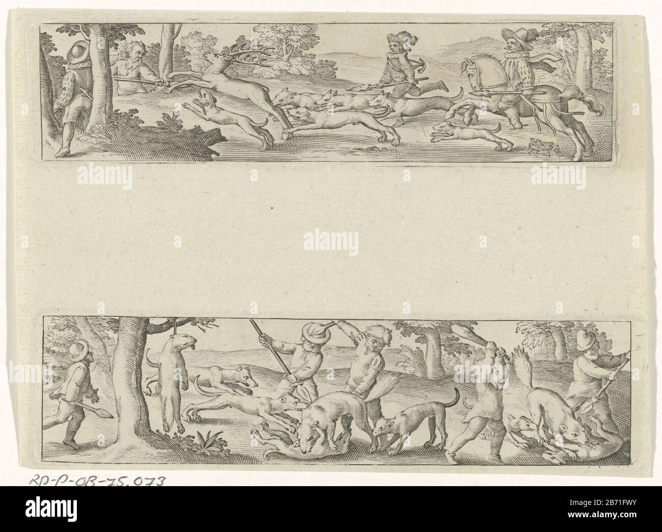 Landschap met hertenjacht Landschap met wolvenjacht Landschappen met jagers (serietitel) Two performances on a leaf. Above: Hunters hunting with hounds and spears in hand on a deer. Below: Hunters hunt wolves. Links killed a wolf hanging in a tree. Two wolves attack hunting dogs aan. Manufacturer : printmaker: anonymous place manufacture: Netherlands Date: 1580 - 1650 Physical features: engra printed from two plates; uncut sheet material: paper Technique: engra (printing process) Measurements: plate edge: h 40 mm (upper plate) × W 161 mm (upper plate) × H 41 mm (bottom plate) × W 167 mm (botto Stock Photo