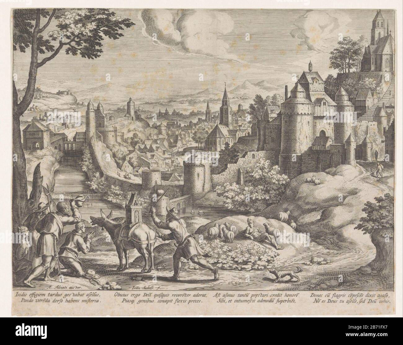 Landschap met het embleem over de aanbidding van het afgodsbeeld van Isis Emblemen in een landschap (serietitel) Hilly landscape with town and city walls. Left foreground worship some farmers an image of the female goddess Isis being transported on a donkey. Besides the donkey is a man who punishes the animal with a whip. The donkey thinks that the people him instead of Isis worship. This is the imagination of an emblem Where: at the moral of the story warns against arrogance and undeserved honor. The picture has a caption with the Latin caption logo Non tibi sed religioni Andrea Alciati. Manu Stock Photo