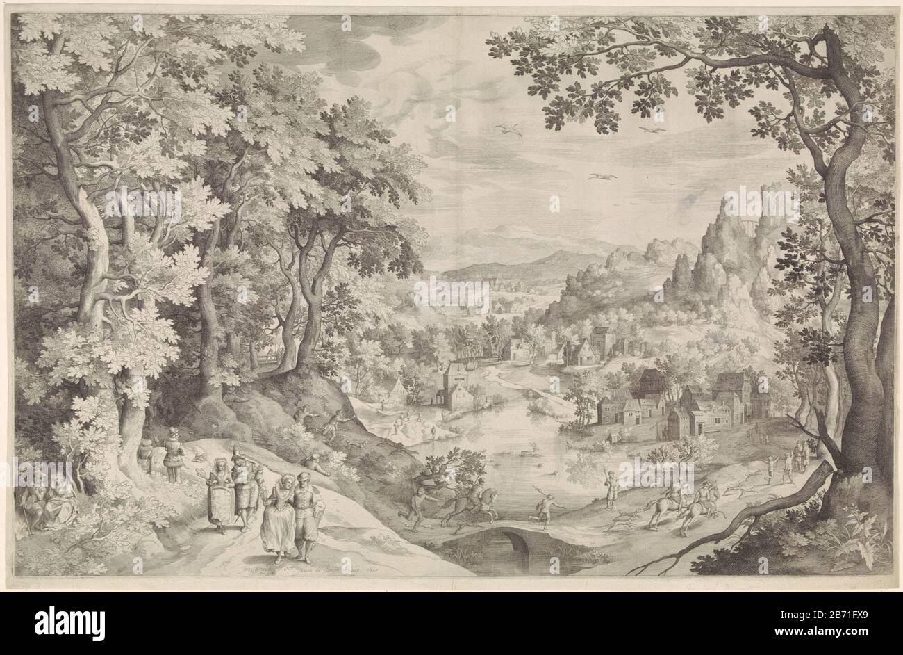 Landschap met hertenjacht hilly landscape with a village. In the foreground a deer being hunted by dogs and men on horseback. In the left foreground walking liefdesparen. Manufacturer : printmaker: Nicolaes de Bruyn (listed property) designed by Jan Brueghel (I) (listed building) Place manufacture: Antwerp Date: 1607 Physical features: car material: paper Technique: engra (printing process) Dimensions : plate edge b 695 mm × h 445 mm Subject: stag-hunting prospect or village, silhouette or village (+ city (-scape) with figures, staffage) low hillcountry Stock Photo