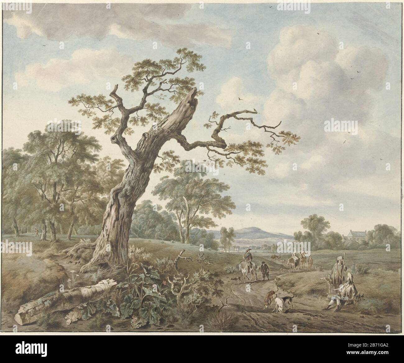 Landschap met jachtgezelschap op een landweg Landscape with hunting party on a dirt road object type: drawing watercolor Item number: RP-T-1892-A-2636 Manufacturer : artist: Gerard from Nijmegen to painting of Jan Wijnants to painting by John Lingelbach Dating: 1786 Physical features: pen in brown , brush in colors in watercolor material: paper watercolor ink Technique: paintbrush / pen Dimensions: h 457 mm × W 554 mm Subject: bird hunting (+ hunting with falcon, hawk; falconry) Stock Photo