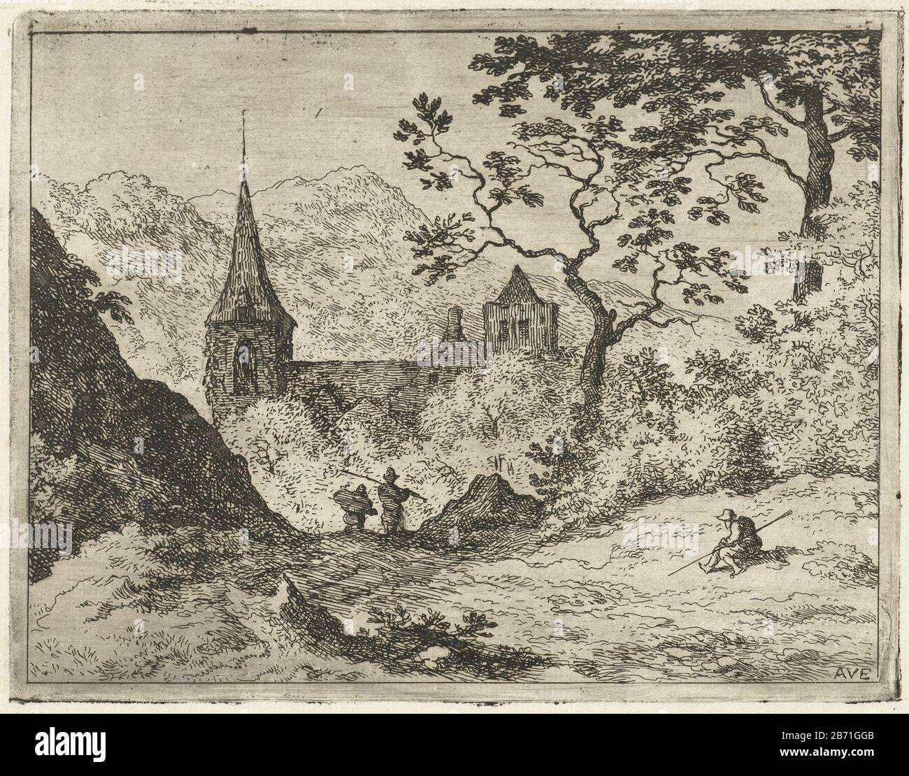 Landschap met kerk in vallei Landscape with church in valley object type: picture Item number: RP-P-OB-50.412Catalogusreferentie: Hollstein Dutch 84-1 (2) Description: Mountain landscape with the foreground a seated man and a little further on two hikers. In the valley a building with a toren. Manufacturer : printmaker: Allaert van Everdingen (listed property) Place manufacture: Netherlands Date: 1631 - 1675 Physical features: etching material: paper Technique: etching Dimensions: plate edge: H 126 mm × W 163 mm Subject: tower ( of house or building) Stock Photo