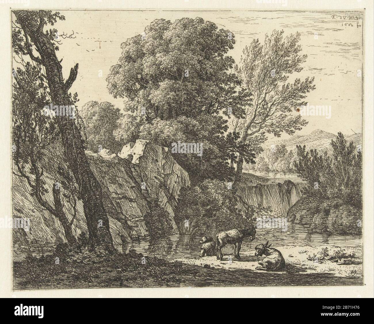 Landschap met man en twee ezels Landscape with a sitting shepherd and two ezels. Manufacturer : printmaker Karel du Jardin (listed building) in its design: Karel du Jardin Place manufacture: Amsterdam Date: 1660 Physical features: etching material: paper Technique: etching dimensions: sheet: h 141 mm × W 176 mm Subject: low hill country procurement and Stock Photo