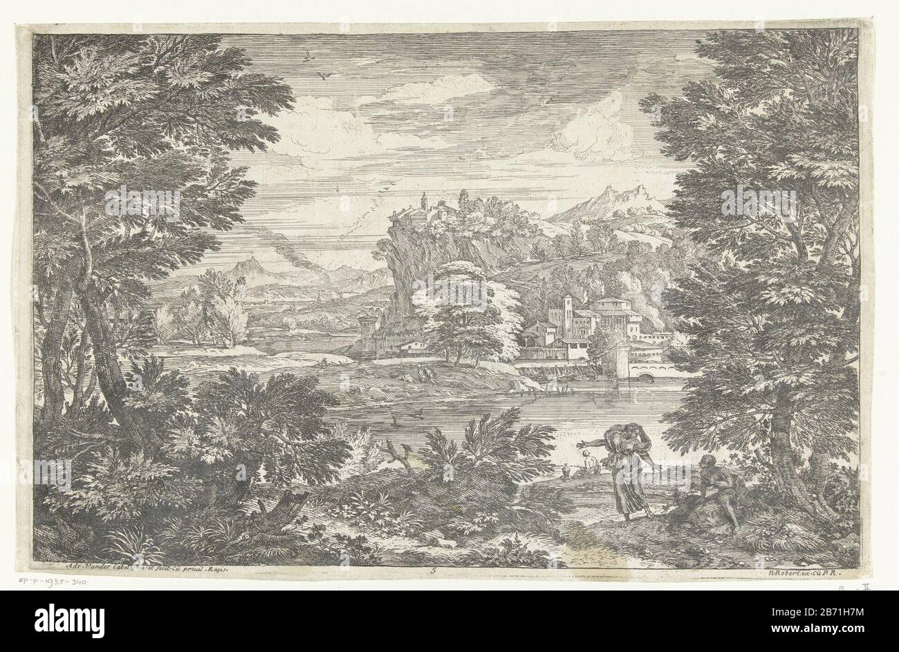 Landschap met man zittend onder boom Landschappen, serie zes (serietitel) Landscape with woman, arms spread, standing under tree with sitting man. In the background, a village on a meer. Manufacturer : printmaker: Adriaen van der Cabel (listed building) in its design: Adriaen van der Cabel (listed building) Publisher: Robert N. (listed property) provider of privilege: Louis XIV (king of France) (listed building) Place manufacture: France (possible) Dated: 1648 - 1705 Physical features: etching material: paper Technique: etching dimensions: plate edge: h 229 mm × W 343 mm Subject landscape Stock Photo