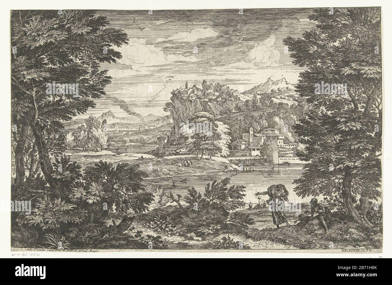 Landschap met man zittend onder boom Weids landschap met rivier, bergen en dorp Landschappen, serie zes (serietitel) Landscape with woman, arms spread, standing under tree with sitting man. In the background a village on a lake. Fifth print from the series of zes. Manufacturer : printmaker: Adriaen van der Cabel (listed building) in its design: Adriaen van der Cabel (listed building) Publisher: Robert N. (listed property) provider of privilege: Louis XIV (king of France) (listed building) Place manufacture: France (possible) Dated: 1648 - 1705 Physical features: etching material: paper Techniq Stock Photo