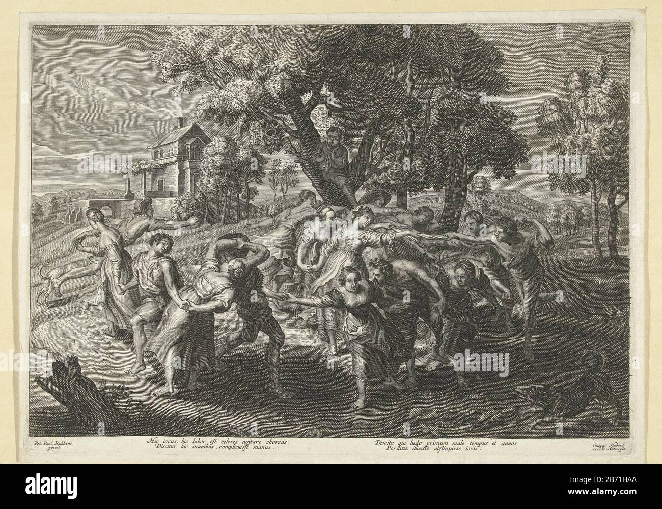 Landschap met mannen en vrouwen die dansen Landscape with cheerful company  of men and women dancing to the music of a flute player who is in a tree.  The men try to