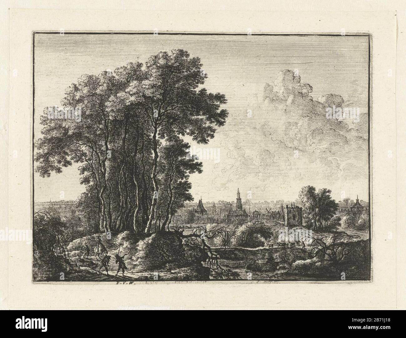 Landschap met reizigers a wooded landscape with a village on a river. In the foreground left three travelers on foot and one to paard. Manufacturer : to design: Gilles Neyts (listed building) printmaker: anonymous editor: Frans van den Wijngaerde (listed property) Place manufacture: printmaker: Netherlands (possible) publisher: Antwerp Date: 1643 - 1679 Physical characteristics: etching material: paper Technique: etching dimensions: plate edge: h 130 mm × W 176 mm Subject: landscapes in the temperate zone landscape with bridge, viaduct or aqueductwindmill in landscapevillage'en route ', travel Stock Photo