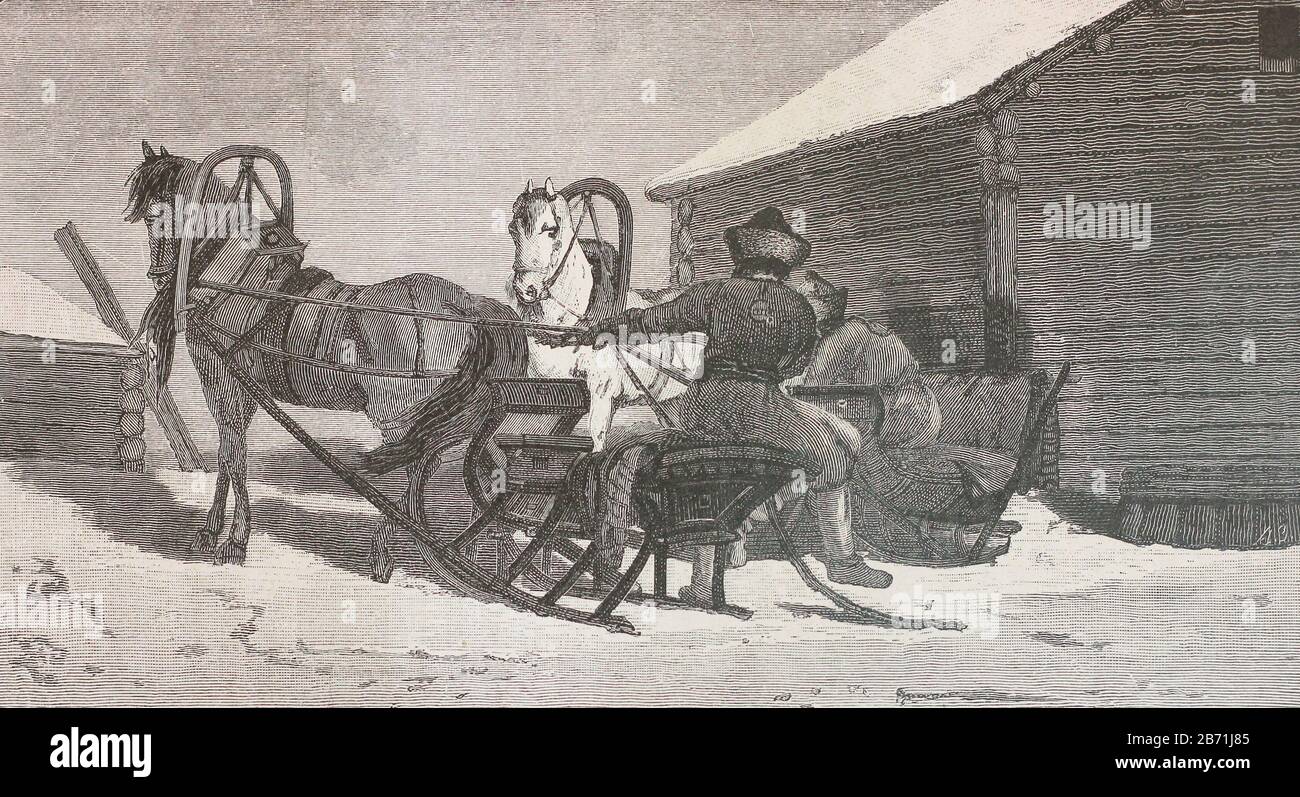 A horse sleigh in St. Petersburg at the beginning of the 19th century. Engraving of the 19th century. Stock Photo