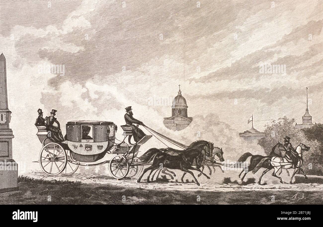 Boyar carriage in the Russian Empire at the beginning of the 19th century. Engraving of the 19th century. Stock Photo