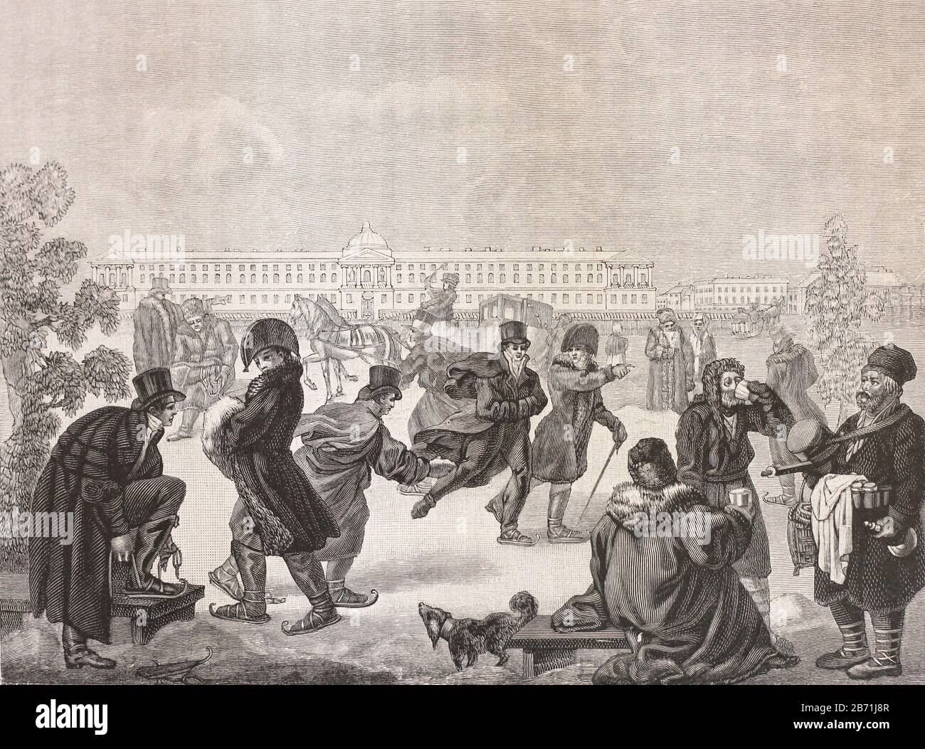 Ice skating on the Neva River in St. Petersburg at the beginning of the 19th century. Engraving of the 19th century. Stock Photo