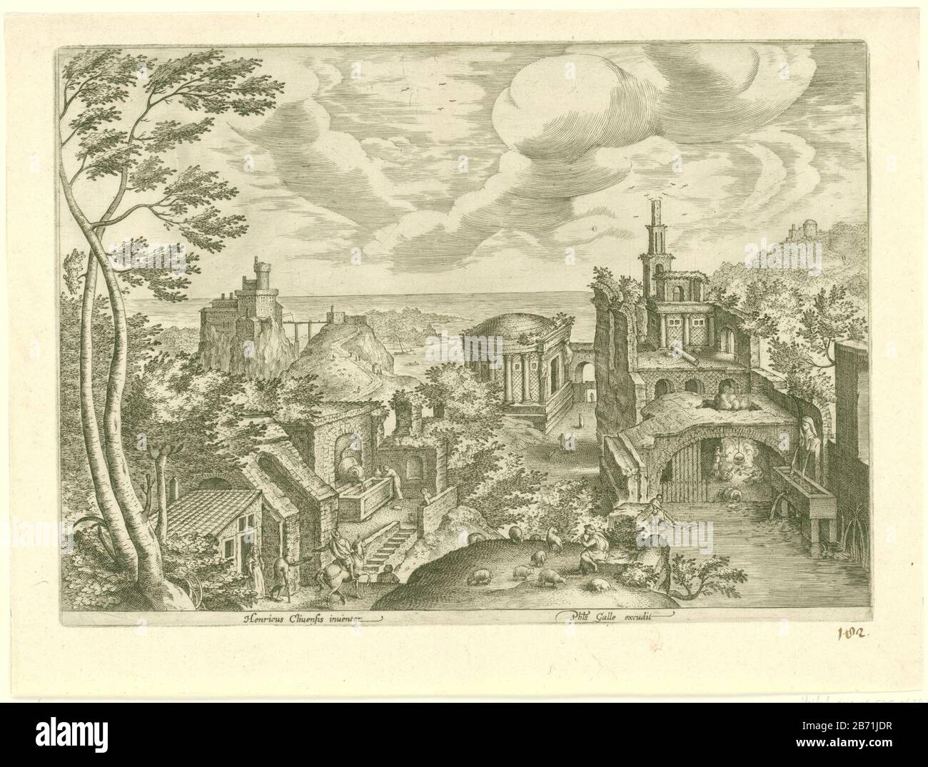 in the foreground, a shepherd with sheep in the midst of ruins. In the background the sea. The print is adding a ten-part series of landscapes ruïnes. Manufacturer : printmaker: Adriaen Collaertnaar design: Hendrick van Cleve (listed building) publisher: Philip Galle (listed property) Place manufacture: Antwerp Date: 1587 - 1618 Physical features: car material : paper Technique: engra (printing process) Measurements: plate edge: h 205 mm × W 297 mmToelichtingRegionum, rurium, fundorumque, Varii at ove amoeni prospectus is later addition of the serie. Subject: landscape with ruins (+ city (-sca Stock Photo