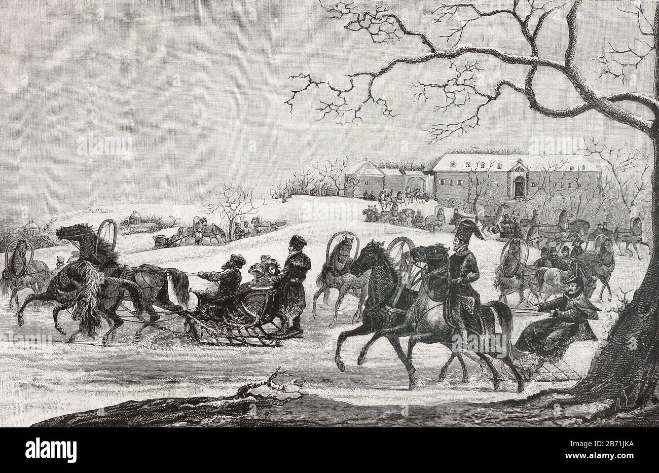 Winter skating in St. Petersburg at the beginning of the 19th century. Engraving of the 19th century. Stock Photo