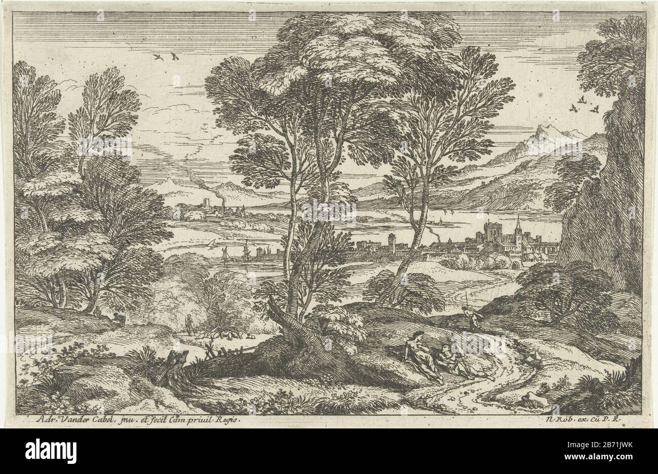 Landschap met rustend stel langs pad Landschap met boomgroep Landschappen, serie twee (serietitel) Landscape with winding path Where: located in a cluster of trees resting a man and woman. In the background a view of different cities. Second picture from the series of zes. Manufacturer : printmaker: Adriaen van der Cabel (listed building) in its design: Adriaen van der Cabel (listed building) Publisher: Robert N. (listed property) provider of privilege: Louis XIV (king of France) (listed building) Place manufacture: France (possible) Dated: 1648 - 1705 Physical features: etching material: pape Stock Photo