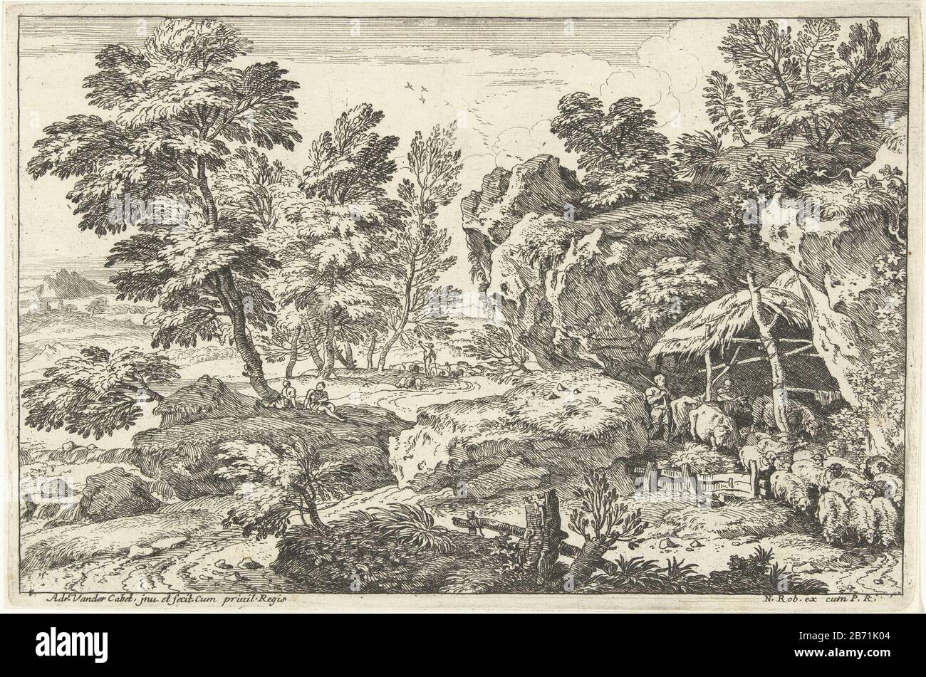 Landschap met schaapskooi Schuur met schapen en koeien Landschappen, serie vier (serietitel) Landscape with the foreground, right, a fold with the shepherd standing in a few cows, and sheep to leave the cage. First picture from the series of zes. Manufacturer : printmaker: Adriaen van der Cabel (listed building) in its design: Adriaen van der Cabel (listed building) Publisher: Robert N. (listed property) provider of privilege: Louis XIV (king of France) (listed building) Place manufacture: France (possible) Dated: 1648 - 1705 Physical features: etching material: paper Technique: etching dimens Stock Photo