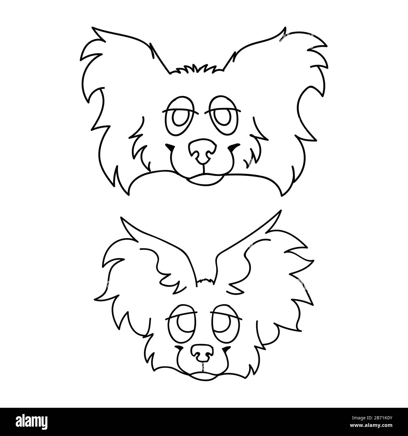 Cute cartoon papillon dog and puppy face monochrome lineart vector clipart. Pedigree kennel puppy breed dog lovers. Purebred domestic puppy for pet Stock Vector