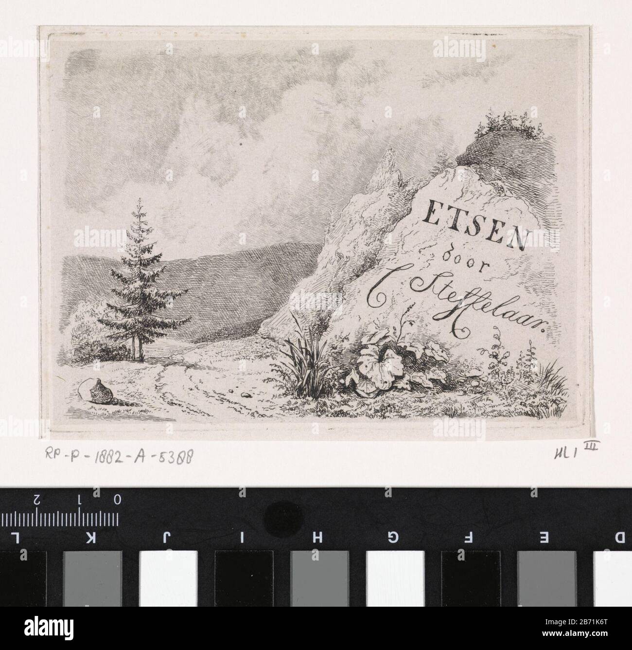 Landschap met steen Etsen door C Steffelaar (titel op object) Rechts op de voorgrond een steen langs een pad. Links een naaldboom. Manufacturer : prentmaker: Cornelis Steffelaar (vermeld op object)Plaats manufacture: Amsterdam Dating: 1807 - 1861 Physical kenmerken: ets en droge naald op chine collé Material: papier chine collé Techniek: etsen / droge naald Dimensions: plaatrand: h 94 mm × b 127 mm Subject: landscapes in the temperate zonetrees: fir Stock Photo